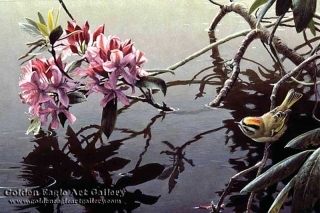 Golden-Crowned Kinglet and Rhododendron
