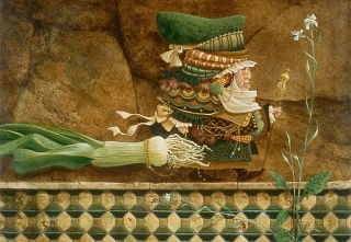 Man Taking a Leek on a Tiled Wall for a Walk